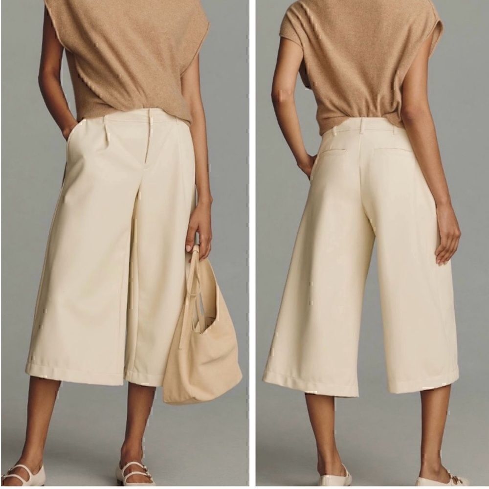 Anthropologie Maeve Colette Faux Leather Cropped Wide Leg Pants‎ Ivory Cream 14